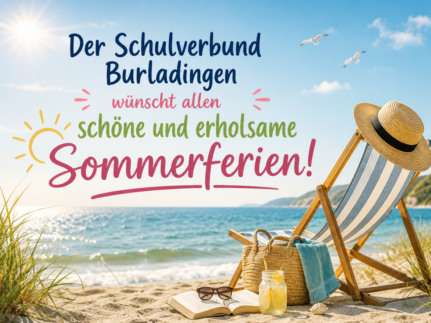 Strand mit Liegestuhl, Sonnenhut und Cocktail.